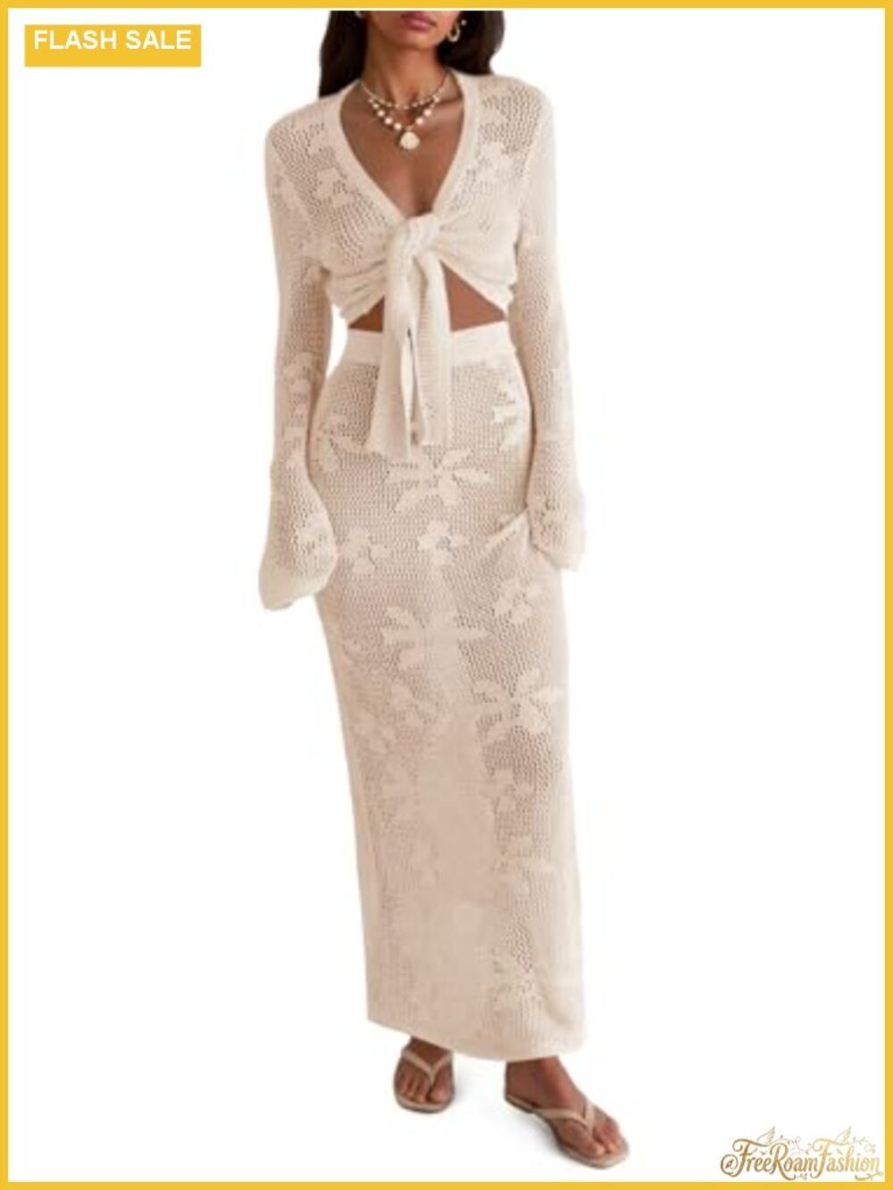 Women's 2 Piece Crochet Swimwear Cover Up Set V Neck Long Sleeve Beach Maxi